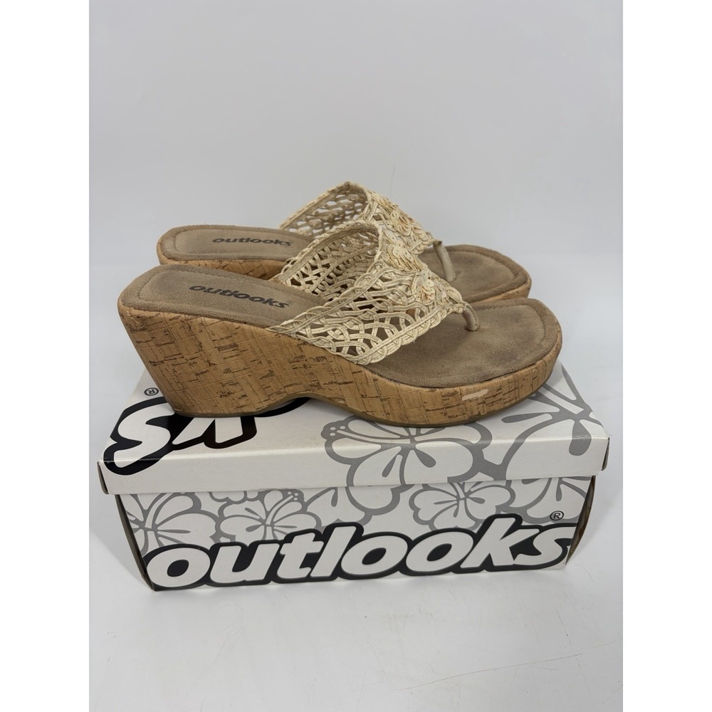Vintage Y2K Outlooks Sz 6 1/2 Chunky Platform Sandals Beige Boho 90s Cork Wedge